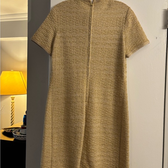 Vintage 60s Tannel Knit gold Elegant Tan Short Sleeve Dress - Picture 3 of 4